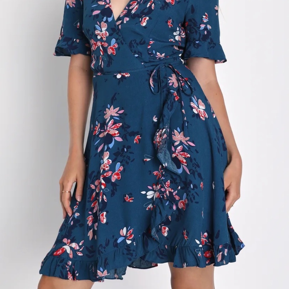 Lulus Dalton Teal Blue Floral Print Ruffled Wrap Dress Lined Size Medium